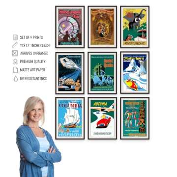 Vintage Disney Posters - Disneyland Ride Posters, Disney Home Decor Adult, Vintage Retro Wall Art, Haunted Mansion, Disneyland Gifts, Collectibles, Memorabilia - Unframed Reproduction Set of 9 (11x17)