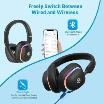 LOBKIN Bluetooth 5.3 Kids Headphones Over-Ear - RGB LED Light Up Wireless Foldable Headset Built-in Microphone with Wireless and Wired Stereo Headphone Over-Ear Lightweight for Girls Boys Adult