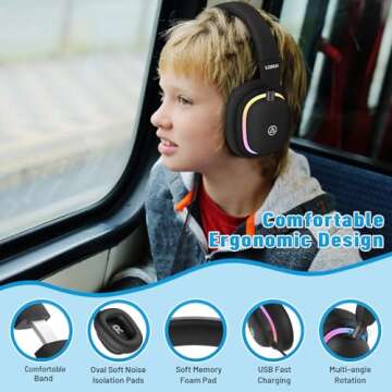 LOBKIN Bluetooth 5.3 Kids Headphones Over-Ear - RGB LED Light Up Wireless Foldable Headset Built-in Microphone with Wireless and Wired Stereo Headphone Over-Ear Lightweight for Girls Boys Adult
