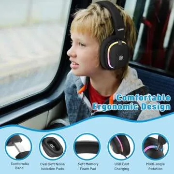 LOBKIN Bluetooth 5.3 Kids Headphones Over-Ear - RGB LED Light Up Wireless Foldable Headset Built-in Microphone with Wireless and Wired Stereo Headphone Over-Ear Lightweight for Girls Boys Adult