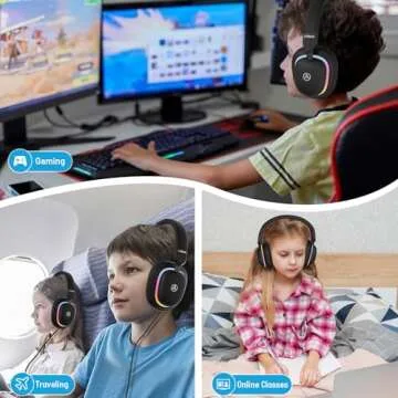 LOBKIN Bluetooth 5.3 Kids Headphones Over-Ear - RGB LED Light Up Wireless Foldable Headset Built-in Microphone with Wireless and Wired Stereo Headphone Over-Ear Lightweight for Girls Boys Adult