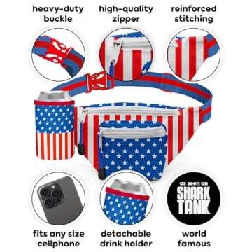 Tipsy Elves American Flag Fanny Pack With Detachable Can Cooler - USA Fanny Pack - Flexible Secure Attached Drink Holster Adjustable Strap Waist Belt (Red White Blue)