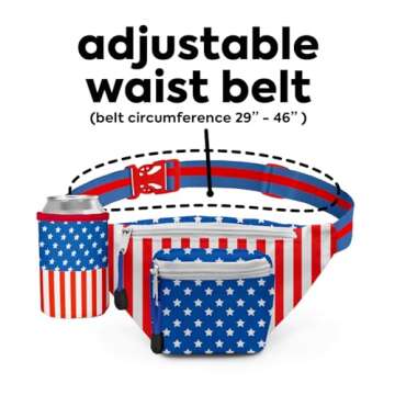 Tipsy Elves American Flag Fanny Pack With Detachable Can Cooler - USA Fanny Pack - Flexible Secure Attached Drink Holster Adjustable Strap Waist Belt (Red White Blue)