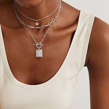 MJartoria Layered Initial Necklaces for Women Trendy, 14K Gold Plated Simple Star Choker Square Letter Pendant Necklace, Paperclip Chain Necklace, Gold Necklaces Jewelry Gifts (Silver, M)