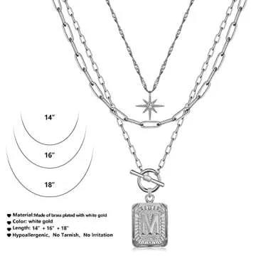 MJartoria Layered Initial Necklaces for Women Trendy, 14K Gold Plated Simple Star Choker Square Letter Pendant Necklace, Paperclip Chain Necklace, Gold Necklaces Jewelry Gifts (Silver, M)