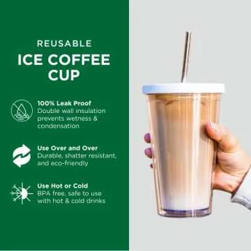 Reusable Iced Coffee Cup (16 Oz/Grande), Leak Proof and Double Wall Insulated Iced Coffee Tumbler, Come with Reusable Plastic and Metal Straws and Straw Cleaner