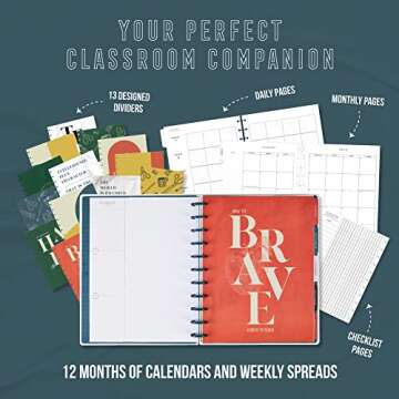 Happy Planner 12-Month Daily Teacher Lesson Planner, Back-to-School Planner for August 2022 to July 2023, Disc-Bound Daily Weekly Monthly Planner, Big Planner, Teacher, 8 ½” x 11”, Brave Teacher