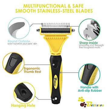 BRILLIRARE Dematting Tool+Free Stainless-Steel Comb, Pet Grooming Tool, 2 Sided Undercoat Blade Rake for Cat&Dog, Deshedding Brush for Easy Mats&Tangles Removing, No More Nasty Shedding/Flying Hair