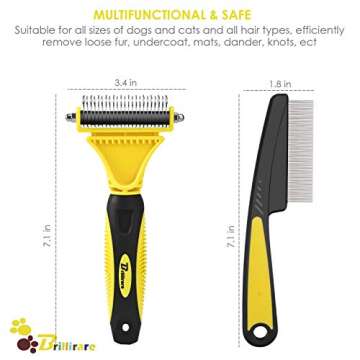 BRILLIRARE Dematting Tool+Free Stainless-Steel Comb, Pet Grooming Tool, 2 Sided Undercoat Blade Rake for Cat&Dog, Deshedding Brush for Easy Mats&Tangles Removing, No More Nasty Shedding/Flying Hair