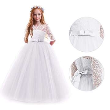 Flower Girl Long Princess Dress Vintage Lace Maxi Gown Kids Formal Wedding Bridesmaid Pageant Tulle Dresses Little Big Girls Elegant Bowknot Dance First Communion Birthday Prom Dresses White 9-10Y