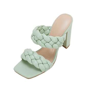 VETASTE Women's Braided Heeled Sandals Square Open Toe Backless Block Heel Strappy Casual Sandals