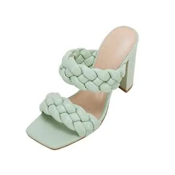 VETASTE Women's Braided Heeled Sandals Square Open Toe Backless Block Heel Strappy Casual Sandals
