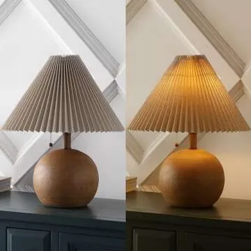JONATHAN Y JYL1145A Aksel 17.25" Coastal Scandinavian Resin/Iron Sphere LED Table Lamp with Pleated Shade and Pull Chain, Brown Wood Finish/Beige, for Entry Console, Bedroom, Living Room