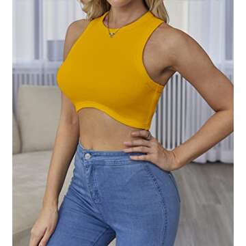Abardsion Women's Crew Neck Racerback Knit Ribbed Basic Sleeveless Crop Tank Tops (Yellow,S)