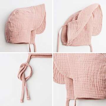 Baby Hat Brimmed Sun Bonnet Muslin Double Gauze (Cotton) Toddler Fashion Hat Boys Girls Earflap Beanie, Beige+Pink, S