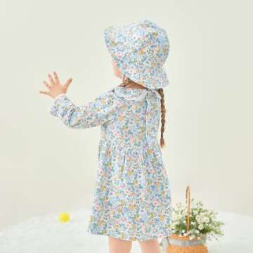 pureborn Toddler Girls Floral Dress Long Sleeve Spring Fall Playwear Dresses Floral Blue 3-4 Years