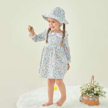 pureborn Toddler Girls Floral Dress Long Sleeve Spring Fall Playwear Dresses Floral Blue 3-4 Years