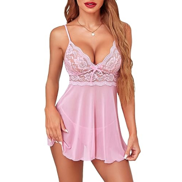 Avidlove Womens Lace Babydoll Lingerie Sexy Chemise Dress V-Neck Halter Nightwear Pink Medium