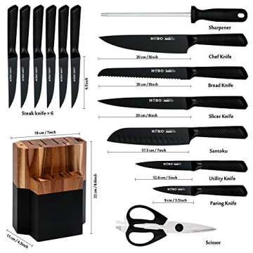 Knife Block Set, 15 Piece Kitchen Knife Set with 6 Steak Knife Set with Sharpener Chef Knife High German Carbon Stainless Steel Knife with Wooden Block Bread Knife Boxed