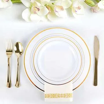 M MCIRCO 175 Piece Gold Dinnerware Set - 50 Gold Rim Plastic Plates - 25 Gold Plastic Silverware - 25 Gold Plastic Cups - 25 Gold Paper Napkins, 25 Guest Disposable Gold Dinnerware Set