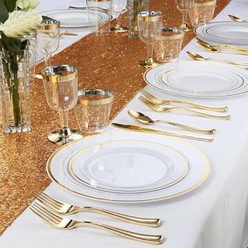 M MCIRCO 175 Piece Gold Dinnerware Set - 50 Gold Rim Plastic Plates - 25 Gold Plastic Silverware - 25 Gold Plastic Cups - 25 Gold Paper Napkins, 25 Guest Disposable Gold Dinnerware Set