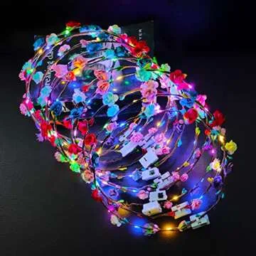 PTHTECHUS 12 Pack LED Flower Headband Crown, Halloween Glow in The Dark Party Supplies Wreath Headdress for Men Women Hair Accessories, LED Light Up Party Favors Dress Up Wedding Birthday Christmas