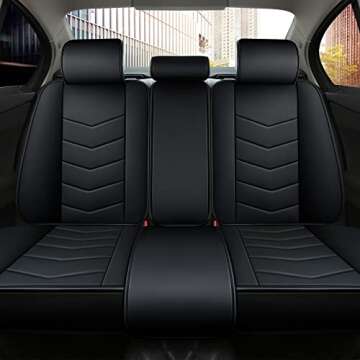 INCH EMPIRE Car Seat Cover-Water Proof Synthetic Leather Cushion with Built-in Lumbar Support Front and Back Fit for Sedan SUV Truck Hatchback Durable Use (Black with White Trim Full Set)