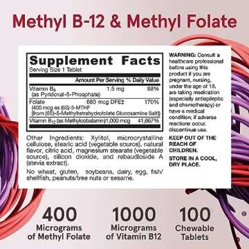 Jarrow Formulas Extra Strength Methyl B-12 1000 mcg & Methyl Folate 400 mcg + P-5-P, Dietary Supplement for Cellular Energy Metabolism and Cardiovascular Support, 100 Chewable Tablets, 100 Day Supply