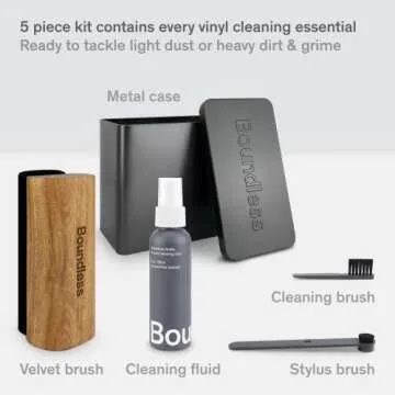 Boundless Audio Vinyl Record Cleaning Kit - 5-in-1 Vinyl Cleaner Kit Includes Record Brush, Stylus Cleaner, Cleaning Solution, Nylon Brush & Metal Case