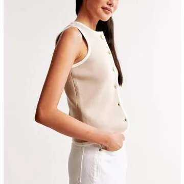 Knit Vest Top for Women Vintage Button Down Crew Neck Sleeveless Knit Vest Tank Top Casual Summer Vest Top(Khaki,S)