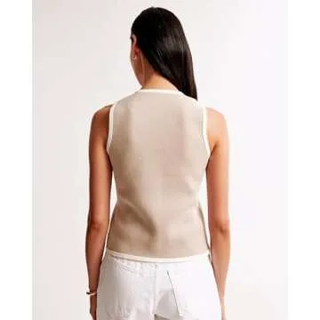 Knit Vest Top for Women Vintage Button Down Crew Neck Sleeveless Knit Vest Tank Top Casual Summer Vest Top(Khaki,S)