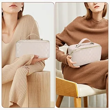 Large Checkered Makeup Bag for Women - Durable & Organized