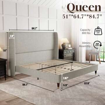 PaPaJet Queen Platform Bed Frame with 51.2" High Headboard