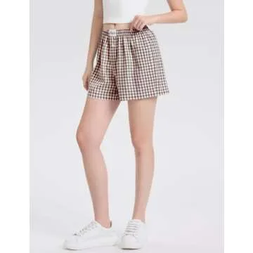 LOMON Womens Boxer Shorts Casual Summer Cotton Pajama Lounge Sleep Pj Gingham Plaid Shorts Y2K Beach Bottoms (Coffee White Plaid XL)
