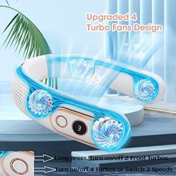 Viowey Neck Fan, 4 Turbos Foldable Portable Fan, 6000mAh Bladeless Neck Fan Rechargeable, LED Display, 3 Speeds Adjustment, 360°Cooling Airflow for Office, Outdoor, Travel, Home