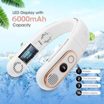 Viowey Neck Fan, 4 Turbos Foldable Portable Fan, 6000mAh Bladeless Neck Fan Rechargeable, LED Display, 3 Speeds Adjustment, 360°Cooling Airflow for Office, Outdoor, Travel, Home