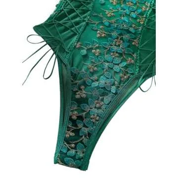 Lilosy Women Sexy Lace Up Floral Embroidered Teddy Babydoll Lingerie Bodysuit Top Mesh Sheer One Piece See Through Army Green Medium