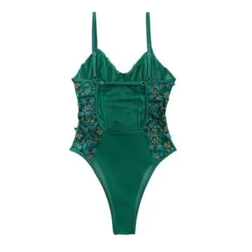 Lilosy Women Sexy Lace Up Floral Embroidered Teddy Babydoll Lingerie Bodysuit Top Mesh Sheer One Piece See Through Army Green Medium