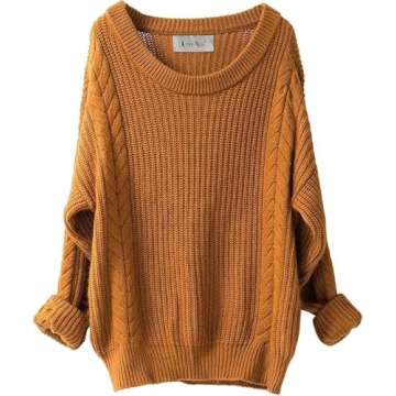 LINY XIN Women's 2023 Oversized Fall Winter Warm Crewneck Long Sleeve Knit Cable Long Pullover Merin...