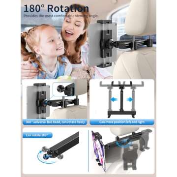 Tablet Holder for Car Headrest, [3 in 1 Adjustable Extension Arm] iPad Car Mount for Back Seat, Road Trip Essentials for Kids, for 4.7-12.9" Tablet Like iPad Pro, Air, Mini, Galaxy, Fire HD Tablet