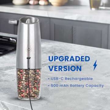 UNNEES Rechargeable Electric Salt and Pepper Grinder Set with Adjustable Coarseness and LED Light