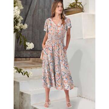 ANRABESS Womens Summer Casual Short Sleeve V Neck Midi Dresses Button Down A Line Flowy Tiered 2025 ...