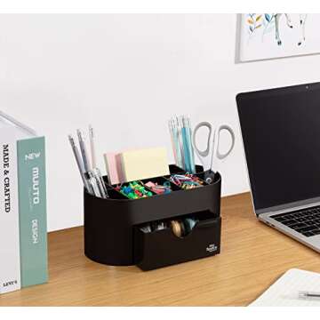 Black Desk Organizer for Office Supplies and Desk Accessories - Pen Holder Desktop Organization for Room College Dorm Home School (Black)