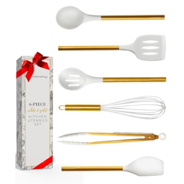 STYLED SETTINGS White Silicone & Gold Kitchen Utensils Set - Stainless Steel Gold Cooking Tools for ...