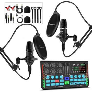 Podcast Equipment Bundle for 2 with DJ Mixer & Mic
