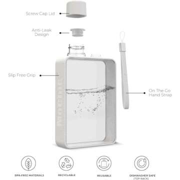 Mochic 13oz Portable Water Flask Flat Water Bottle for Purse Mug BPA Free A5 Slim Square Water Bottle Flask Leak Proof Plastic Flask Bottle for Travel (White)