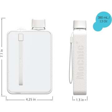 Mochic 13oz Portable Water Flask Flat Water Bottle for Purse Mug BPA Free A5 Slim Square Water Bottle Flask Leak Proof Plastic Flask Bottle for Travel (White)