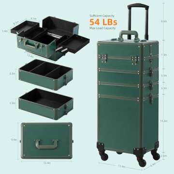 Somduy Makeup Train Case, Rolling Makeup Case with Lid, 5 in 1 Cosmetology Case on Wheels, Christmas Gift, Large Makeup Case Organizers, Profesional Cosmetic Case for Salon Barber, Green