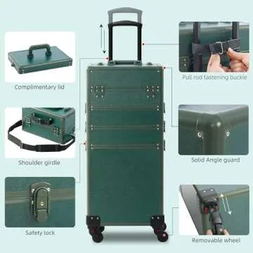 Somduy Makeup Train Case, Rolling Makeup Case with Lid, 5 in 1 Cosmetology Case on Wheels, Christmas Gift, Large Makeup Case Organizers, Profesional Cosmetic Case for Salon Barber, Green