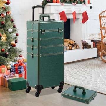 Somduy Makeup Train Case, Rolling Makeup Case with Lid, 5 in 1 Cosmetology Case on Wheels, Christmas Gift, Large Makeup Case Organizers, Profesional Cosmetic Case for Salon Barber, Green